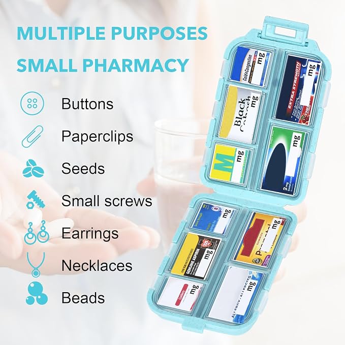Blue 189-Label Pill Organizer - Travel Medicine Case with Compact Pill Box & Labels (1 Pack)