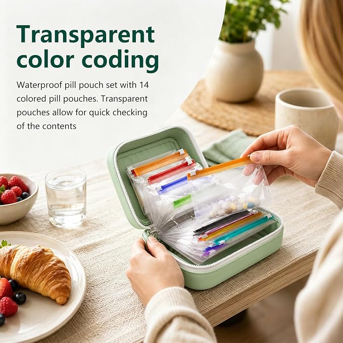 Waterproof Pill Organizer Set, Waterproof Pill Pouch Set for Travel, Pill Storage with 14 Color-Coded Pouches and Zipper, Reusable Travel Medicine Organizer for Vitamins Supplements Fish Oils (Black)