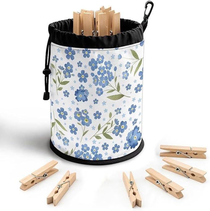 Clothespin Bag with Drawstring, Forget-Me-Not Print Laundry Accessory Organizer Pouch, Portable Peg Storage for Drying Rack, Camping, Travel, Dormitory