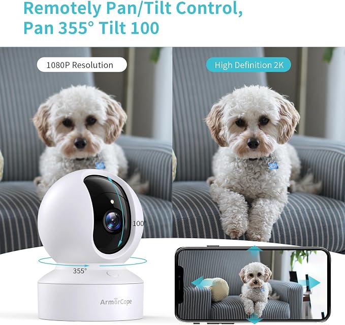 Armorcope Pet Camera, 2K HD Dog Camera with Phone APP, 360° Pan/Tilt View Puppy Cam, One Click Call for Baby Monitor, MagivPix Night Vision,Motion Tracking Alarm with Cloud/Local SD -2 Pack