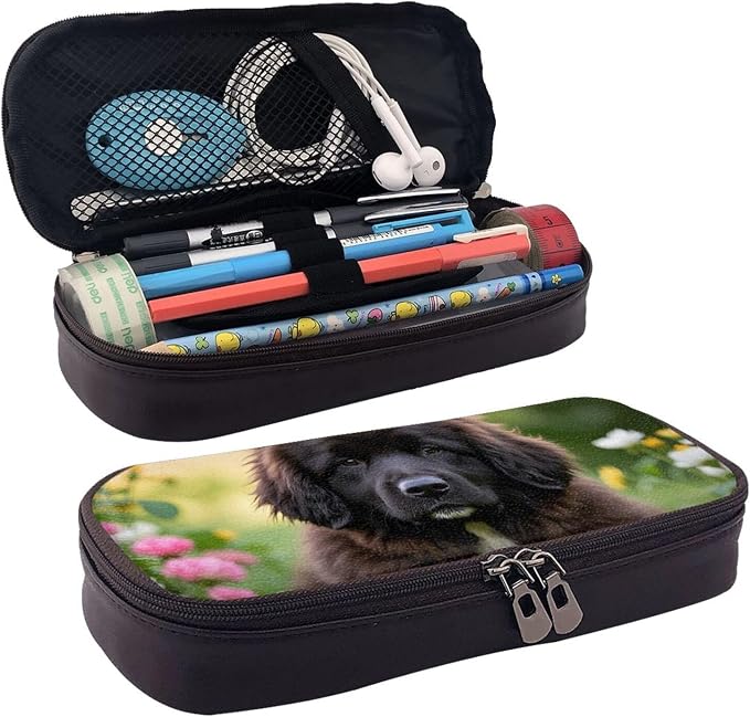 Leather Pen Case with Zipper - Aesthetic Pen Holder Cute Pet Newfoundland Dog Pencil Case for Women & Men - Handcrafted Pencil Bag Multi-Functional Travel Cosmetic Case for Work Office Tool Pouch