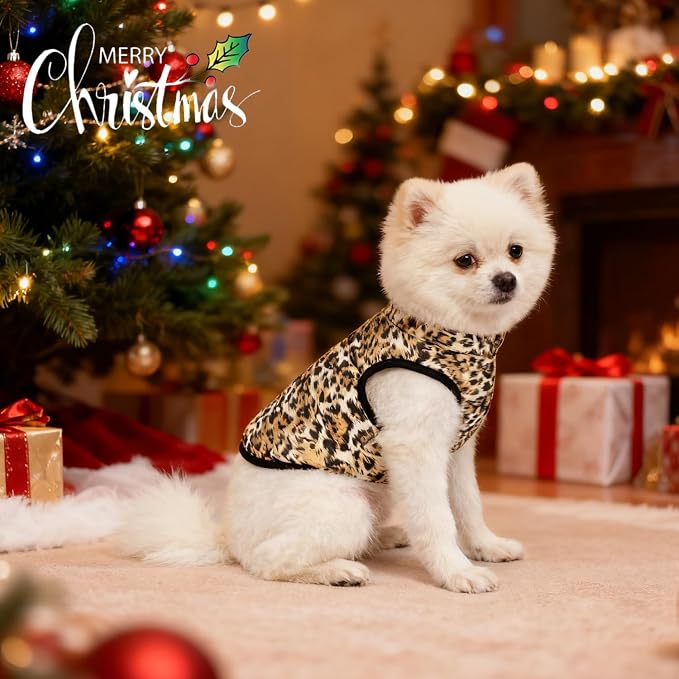 Idepet Pet Dog Cat Coat with Leash Anchor Color Patchwork Padded Puppy Vest Jacket Teddy Chihuahua Costumes Pug Cloth XS S M L(Medium,Leopard)