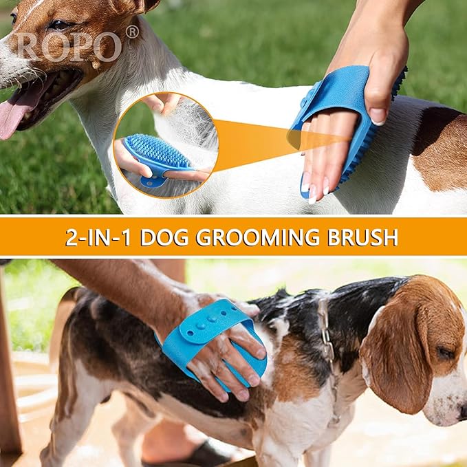 ROPO Dog Bath Brush, Dog Shampoo Brush With Adjustable Ring Handle Long Bristles, Upgraded Version Anti-Slip Back & Strap, Pet Grooming Brush for Dogs & Cats 2pcs