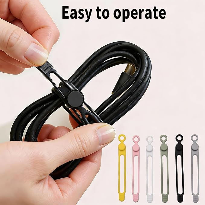 6 Pcs Cable Management Travel Essentials Zip Ties,Silicone Material | Cord Organizer Office Desk Accessories Vacation Essentials，Suitable for Storing Data Cables, Headphone Cables, Wires