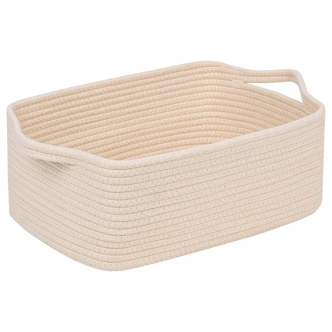 CubesLand Cute and Durable Small Cotton Rope Basket for Organizing | Woven Closet Storage Bin,Shelves Closet Storage Basket, Bathroom Storage Organizer Bin, Nursery Toy Basket Bin, Beige Basket
