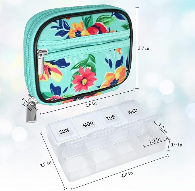 Serfeymi Weekly Travel Pill Organizer Pill Case for Purse with Removable 7 Day Pill Box, Fashionable Travel Medicine Organizer Pill Container for Medicine, Vitamin, Supplement - Green 01 + Pill Box