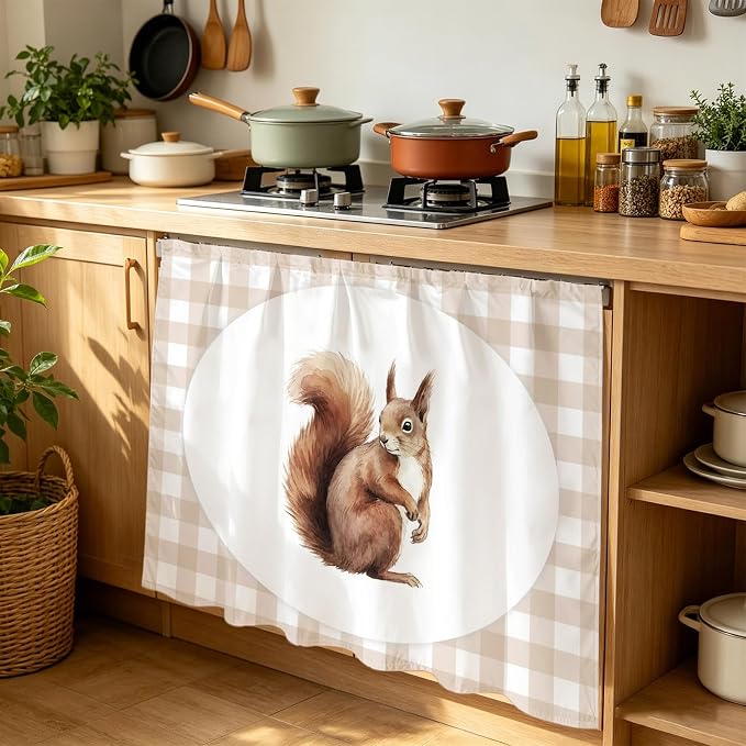Squirrel Plaid Cabinet Dishwasher Hidden Curtains, Privacy Closet Door Curtain, Modern Farmhouse Checkered Rustic Animal Adhesive Dust Proof Under Sink Skirt for Bathroom Kitchen 35"x35"