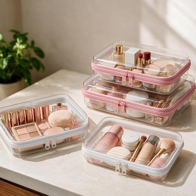 4 pcs Clear Hard Shell Zipper Case, Water-Resistant Travel Makeup Bag, Diaper Bag Organizer Pouches,Clear Toiletry Bags (Pink)