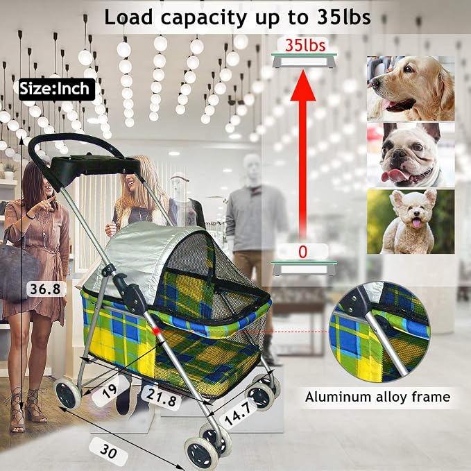 Jogger Pet Stroller for Small & Medium Dogs/Cats 35Lbs Capacity Kitten Doggie Cage Waterproof Foldable Travel Carrier Puppy Strolling Cart Durable Large 4 Wheels Cat Dog Stroller with Cup Holders
