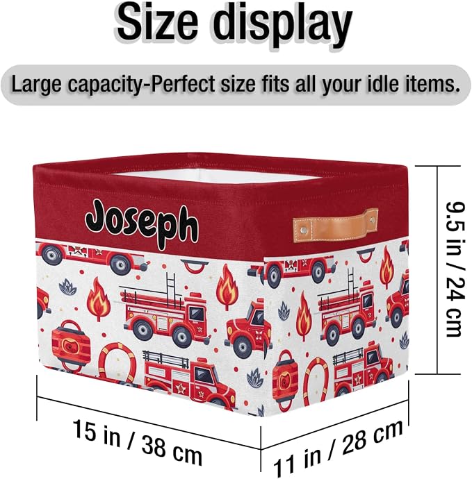 Personalized Foldable Storage Basket with Name for Boys, Laundry Hamper Dirty Clothes Pet Toys Storage Bin with Handles for Shelf Home Closet Kitchen, Fire Engines Cartoon