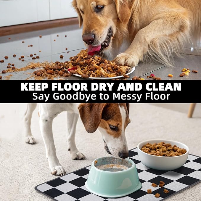 PUPTECK Dog Food Mat, Absorbent Pet Cat Feeding Mat for Food and Water Bowls, Anti-Slip Dog Placemat for Floors Waterproof, Pet Supplies Accessories, Black & White Checkered S