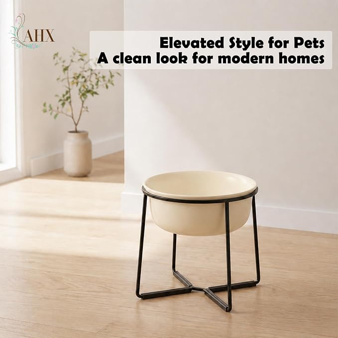 Ceramic Elevated Dog Food Bowl - Heavyweight Feeding Bowl with Metal Stand - Raised Pet Dish for Medium and Larges Dogs - 5.8 Cups - 47.3 oz - Beige