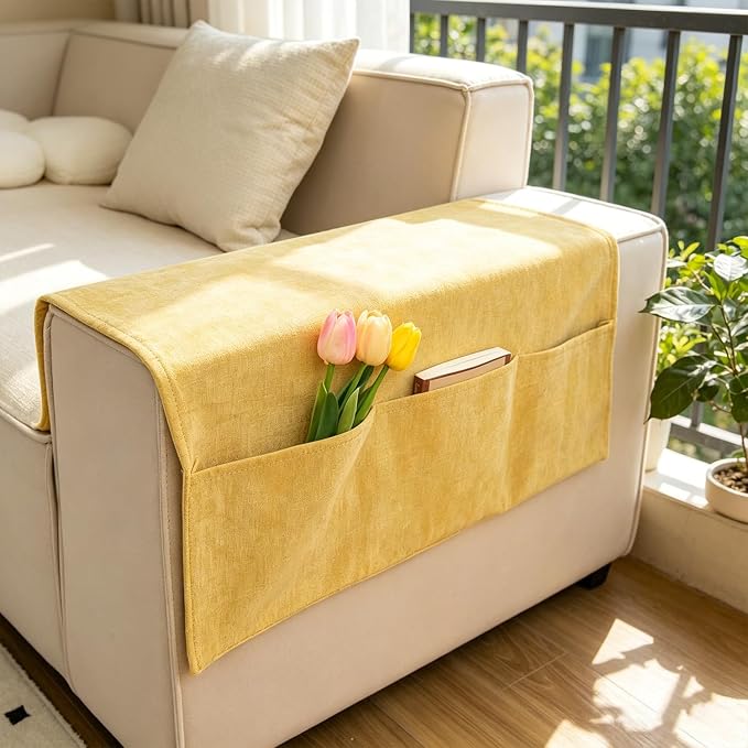 Sofa Armrest Cover with Pockets Set of 2 Solid Color Furniture Protector Slip Chenille Non Slip Recliner Organizer Remote Holder Caddy Accessories for Living Room Bedroom Kitchen 24*43.3 Inch Yellow
