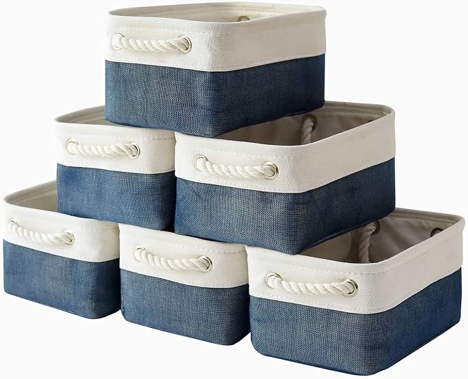 Storage Basket for Organizing - Small 12x8x5.2 inch 6 Pack Collapsible Storage Bin for Shelves, Canves Storage Cubes for Organizer Cloth Box Gift Toys Closet (White & Jean Blue)