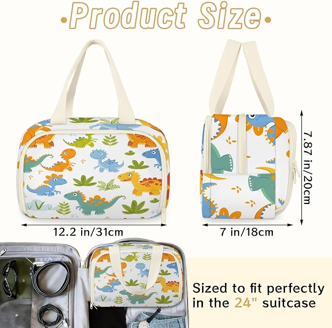 Cute Dinosaur Theme Travel Toiletry Bag with Handle | Wet & Dry Separation, Full-Size Bottle Friendly, Leak-Proof, Waterproof, Easy to Clean, for Travel, Gym, Home