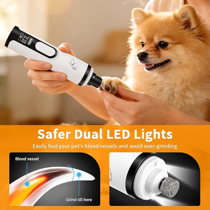 Upgraded Dog Nail Grinder Quiet 3 Adjustable Speed Cordless Silent Nail Grinder Pet Nail Trimmer with LED Light Pet Silent Painless Paw Grooming Supplies for Small/Medium/Large Dogs & Cats