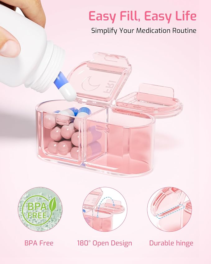 Daviky Pill Organizer 2 Times a Day, AM PM Pill Organizer Box Weekly 7 Day | Portable Travel Pill Organizer, Cute & Compact, Easy-Open Large Compartments, Reusable for Pills, Vitamins & Supplements