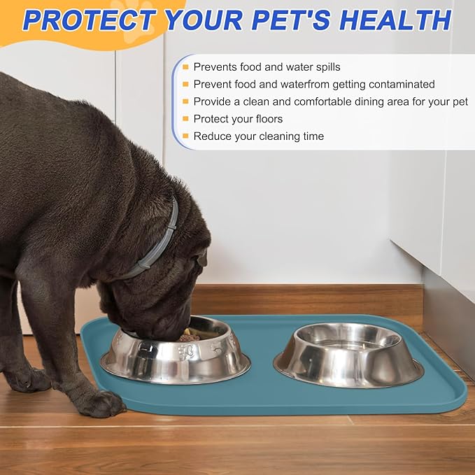 SMILOOL Silicone Pet Feeding Mat with Raised Edge for Food and Water, Dog Bowl Mats, Cat Bowls Placemat with High Lip for Floor Waterproof, Rubber Tray for Cats and Dogs 24 x 16 x0.8 Slate Blue