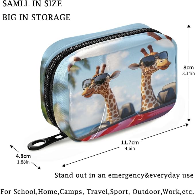 Fustylead 3D Funny Giraffes Driving Car Travel Pill Case Bag with Zipper Weekly Pill Box 8 Compartments 7 Day Personal Pill Case Purse Medicine Case Organizer