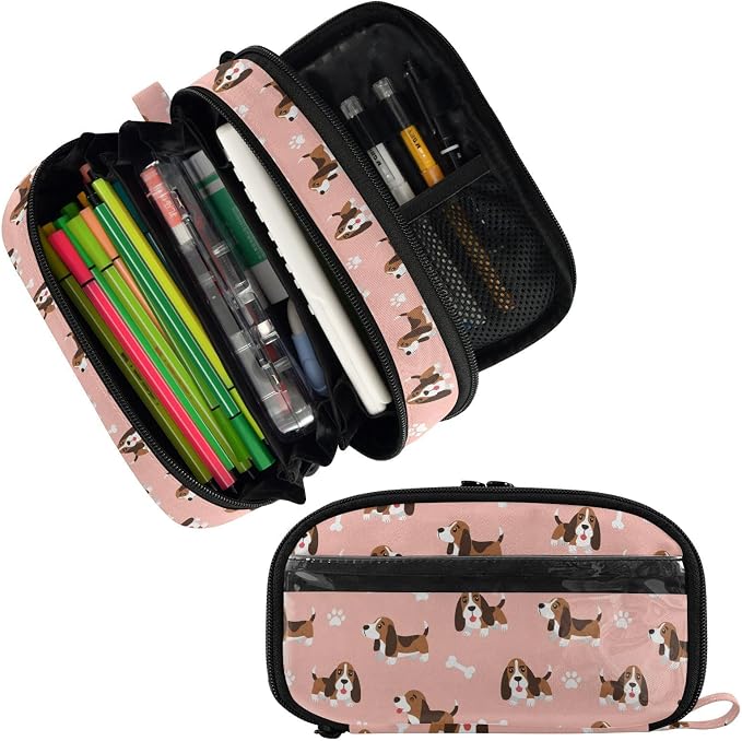 Cute Pets Dogs Pink pattern Large Capacity Pencil Case with Zipper Water Resistant Portable Organizer Pen Bag for Students School Office