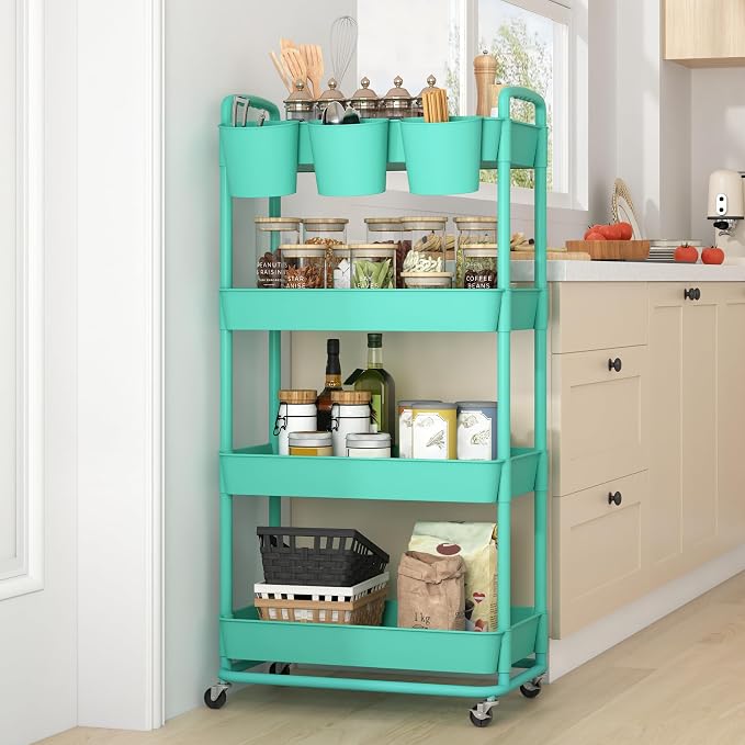 4-Tier Plastic Rolling Storage Cart Utility Cart with Extra Hanging Cups Handles Lockable Wheels for Living Room Bathroom Kitchen Office Green | Utility Cart with Extra Hanging Cups Arc-Shaped Handles Lockable Wheels for Living Room Bathroom Kitchen Of...
