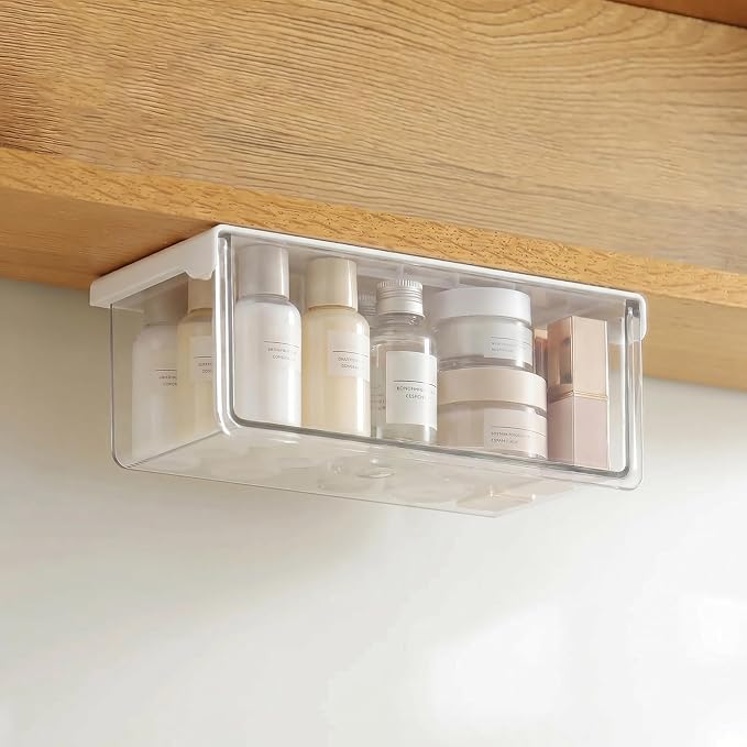 Adhesive Drawer Organizer for Under Medicine Cabinet, Clear | No-Drill, Smooth Pull-Out, 33° Tilted Design, Easy Access, Space Saving Storage, for Bathroom, Kitchen & Vanity