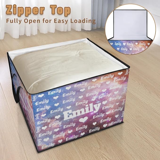 Custom Comforters Storage Basket with Lid, Personalized Name Large Organizer Bin for Pet/Children Toys, Books, Clothes, Perfect for Rooms/Playroom, Galaxy Universe with Love Heart