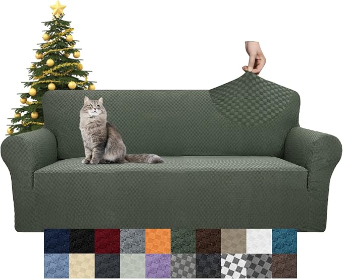 YEMYHOM Couch Cover Latest Jacquard Design High Stretch Sofa Covers for 3 Cushion Couch, Pet Dog Cat Proof Slipcover Non Slip Magic Elastic Furniture Protector (Large, Army Green)