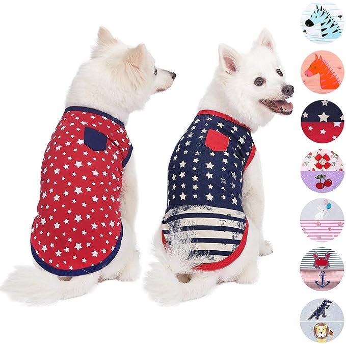 Blueberry Pet Pack of 2 Soft & Comfy Patriotic Spirit USA Stars Stripes American Flag Cotton Blend Dog T Shirts, Back Length 16", Clothes for Dogs