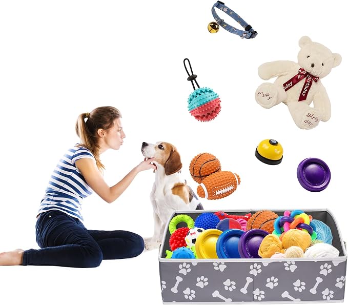 Linen-cotton Blend Dog Toy Organizer Basket - Storage for blankets, leashes, rope toys, clothing - Bone claw pattern