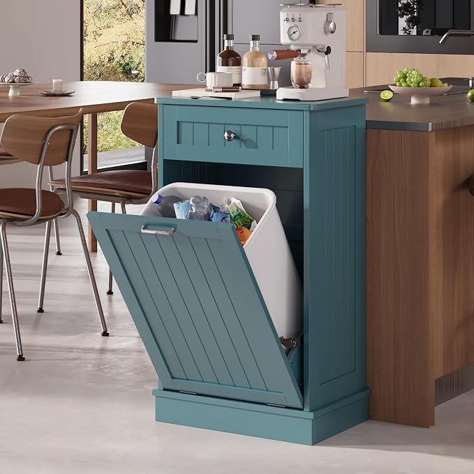KIGOTY Tilt Out Trash Can Cabinet, Laundry Hamper Cabinet, Teal Blue