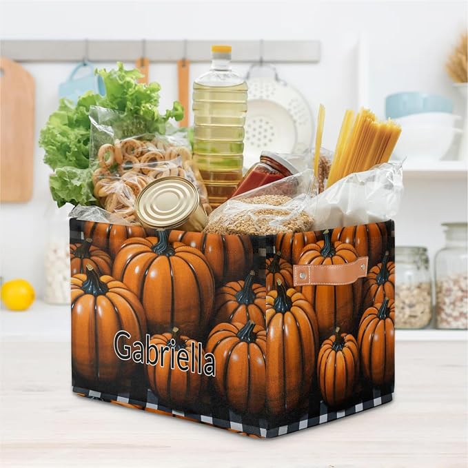 Personalized Storage Bins for Boys, Customized Name Orange Pumpkins Black White Plaid Storage Basket Rectangle Clothes Organizer for Organizing Kids and Pets Toys Shelf Closet