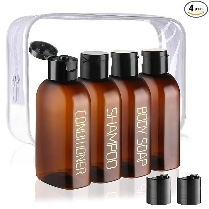 Cosywell 4 Pack 3.4 oz Preprinted Travel Bottles for Toiletries | Brown Bottles are Preprinted with SHAMPOO, CONDITIONER and BODY SOAP, One is Blank, Includes Flip Caps and a Toiletry Bag
