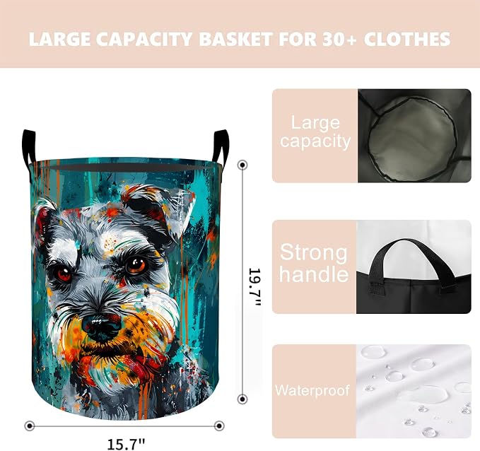 Colorful Schnauzer Dog Laundry Basket Hamper 19.7"x15.8", Organizer Bins Gifts for Women Men Adults, Pet Foldable Waterproof Oxford Clothes Storage Bucket for Bedroom Bathroom Decor