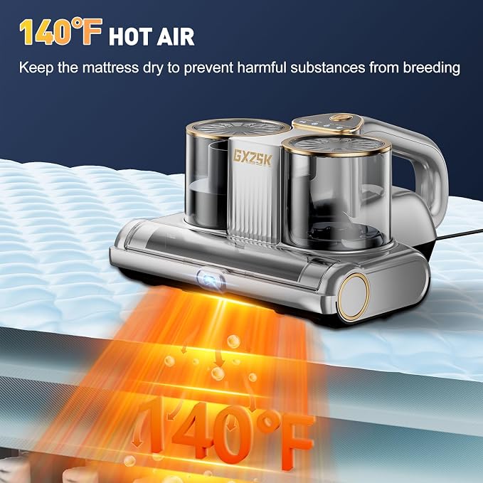 Gxzsk Mattress Vacuum Cleaner 16kPa, Bed Vacuum with 253.7nm UV-C Light | Ultrasonic & 140℉ Heating, Dual Cup & Widen Suction Port Handheld Vacuum for Bed, Sofa, Couch, Crib (500W, Corded)