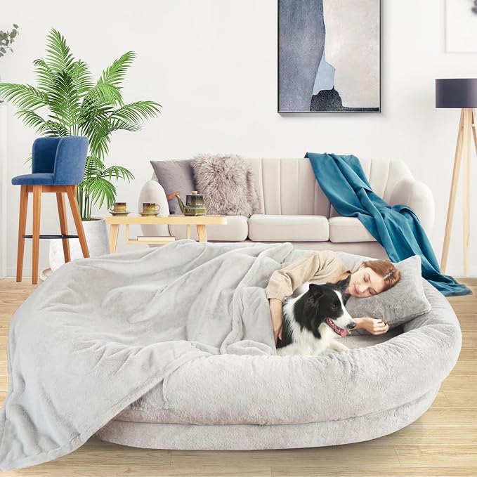 Fvkind Human Dog Bed, Human Size Dog Bed for Adults, 70"x33"x12", Grey | Human Sized Dog Bed, Thick Egg Crate Foam, Washable Plush Faux Fur Cover, Comfortable Resting Dog Bed for Humans and Dogs