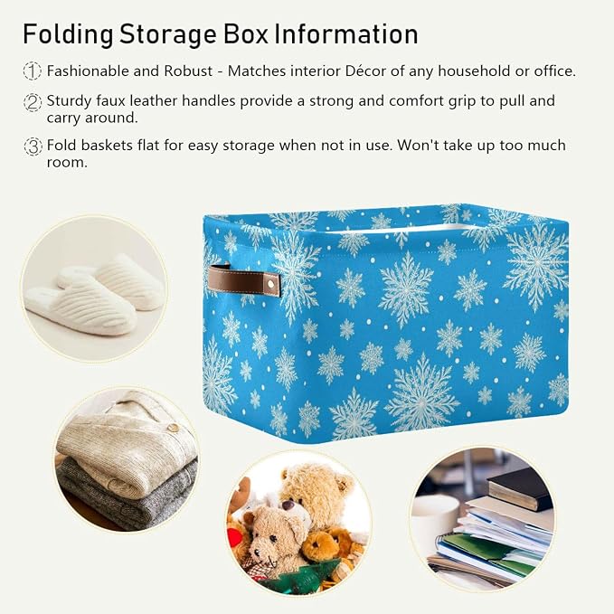 Snowflakes Christmas Blue Print Rectangular Storage Bin Basket with Handles - Organizer Bin for Books Laundry Basket for Pets Playroom Clothes