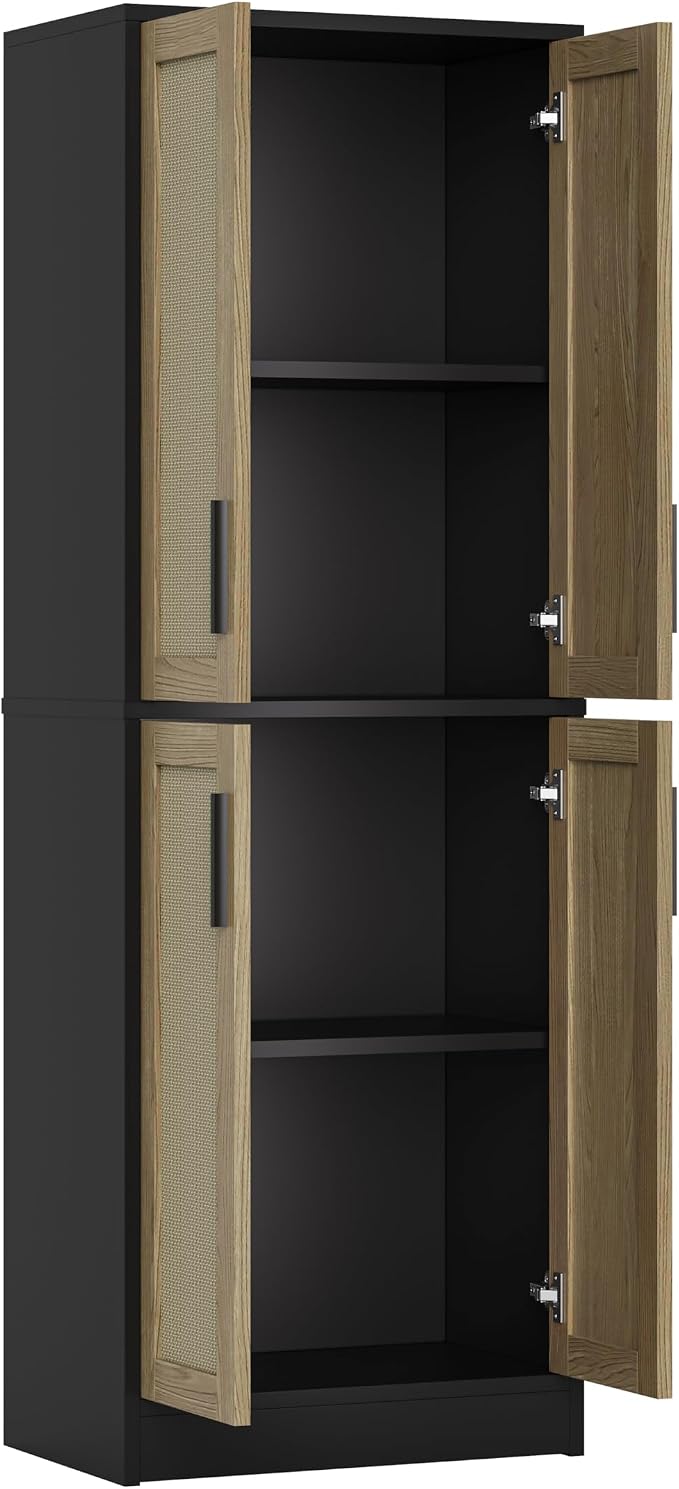Pantry - Kitchen Pantry Cabinet with 4 Doors and Adjustable Shelves, Tall Black Cabinet Freestanding Storage Cupboard for Dining Room Living Room, Laundry, Bathroom (Black and Natural)
