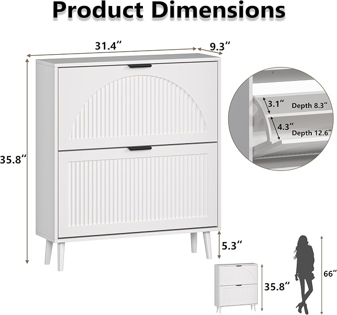 BORNOON Shoe Cabinet for Entryway with 2 Flip Drawers, Slim Wooden Shoe Storage Organizer with Modern Fluted Pannel，Freestanding Narrow Hidden Shoe Rack for Hallway, Foyer, Living Room