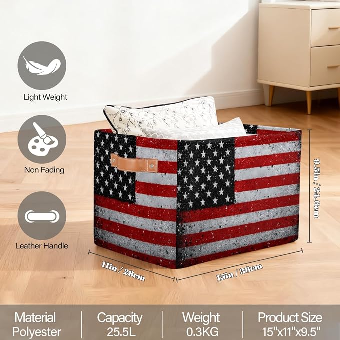 Pardick Storage Baskets Bin, Vintage American Flag Collapsible Canvas Fabric Storage Bin Decorative Baskets Toy Organizer Rectangle Storage Boxes with handles for Home Shelves Nursery,1Pack,C-03