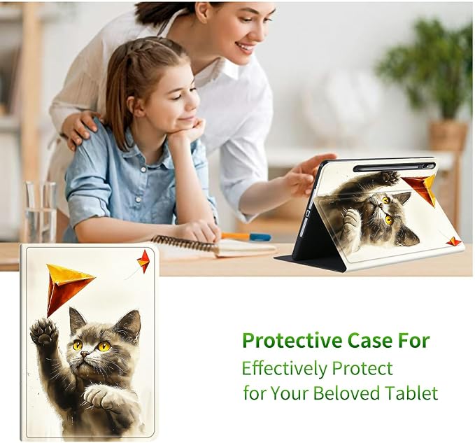 for Samsung Galaxy Tab S9 11 Inch/S9 FE 10.9 Inch 2023 Case | Slim Leather Smart Cover with Multi-Angle Anti-Slip Stand [Auto Wake/Sleep] Shell for Women Men, Gray Cat Painting