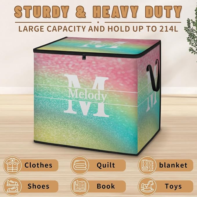 Personalized Storage Bags Large Organization Storage Containers for Comforters, Bedding, Blanket Foldable Organizer with Reinforced Handle, Colorful Pink Yellow Blue Glittering with Initial Letter