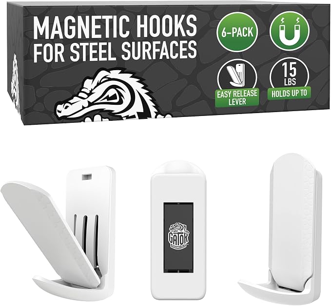GATOR MAGNETICS MINI Open Hooks, 15 lb Magnetic Hooks, White – 6 Pack | For coats, bags, towels, hats & leashes. Fridges, offices, classrooms, cruise cabins & lockers.