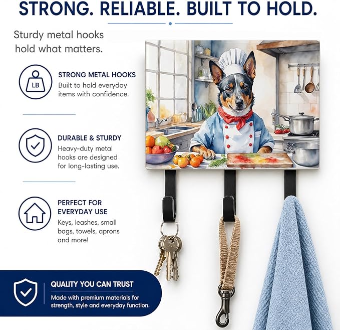 Caroline's Treasures Australian Cattle Dog The Chef Leash or Key Holder Wall Hooks, Key Hooks Holder, Coat Rack Wall Mount, Coat Hooks, Hooks for Hanging Keys, Towels, Aprons, Leashes | Australian Cattle Dog The Chef artwork on ceramic tile with three ...