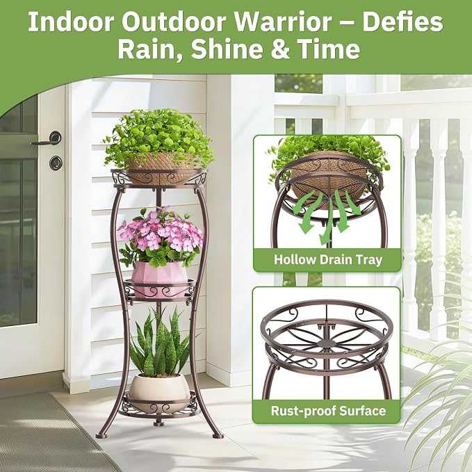 KMOTASUO Metal Plant Stand Tall for Indoor Outdoor Corner, 3 Tier Bronze | Heavy Duty Flower Holder Rack, Modern Vertical Iron Shelf for Patio Bathroom Office Garden