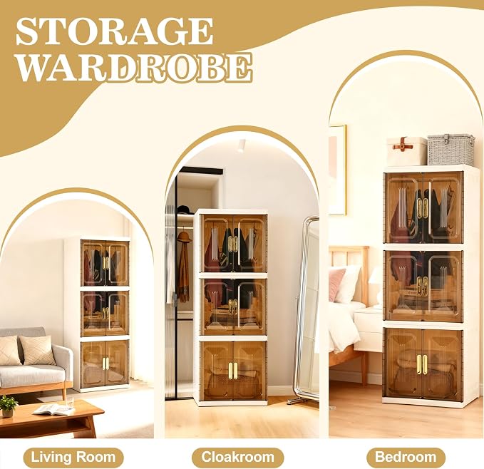 Portable Wardrobe Closet Pet, Pet Collapsible Clothes Storage Organizer | 3 Layer White Plastic Foldable Pet Wardrobe Cabinet with Doors & Wheels