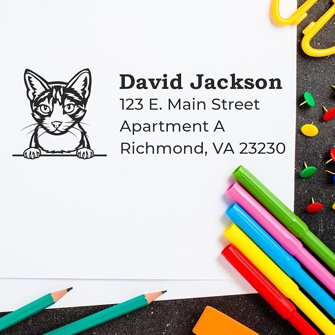 Aegean Cat Decorative Mail Address Stamp, Custom Handcrafted Return Address Stamper for Letters, Brochures & Envelopes, Personalized Feline Design Self-Inking Mailing Stamper, 7/8 X 2-1/4 inches
