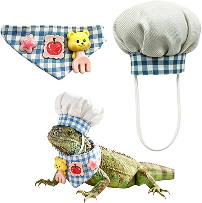 Small Pet Chef Costume Set, Hat & Bandana for Hamster Guinea Pig (Blue) | Cute Plaid Outfit Includes Chef Hat & Decorative Bandana, Soft Cotton‑Resin Material, Great for Photo Prop & Party Dress‑Up