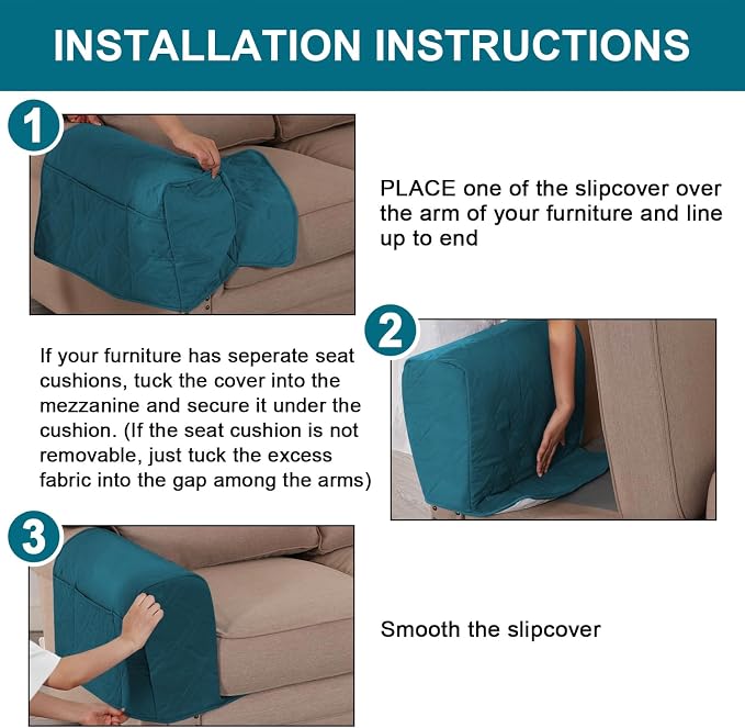 2-Pack Waterproof Armrest Covers for Couches & Chairs – Anti-Slip Furniture Protectors with Side Pockets, Washable Sofa Arm Covers, Universal Stretch Fit (Fits Most Armrests) (Dark Teal)