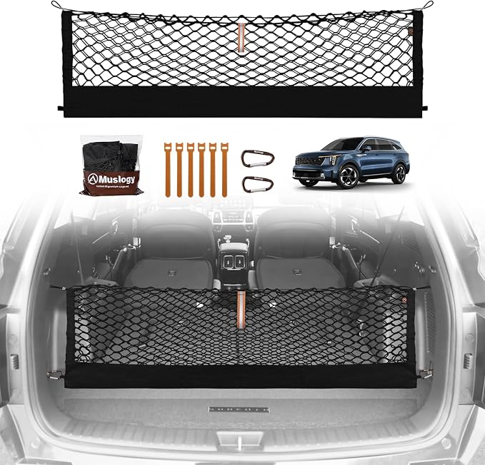 Muslogy Cargo Net for 2021-2024 2025 2026 Kia Sorento | Custom Fit, Trunk Storage Organizer Net for SUV Sedan Van Divider, with Heavy Duty Carabiners, Night Visible Grab Handle